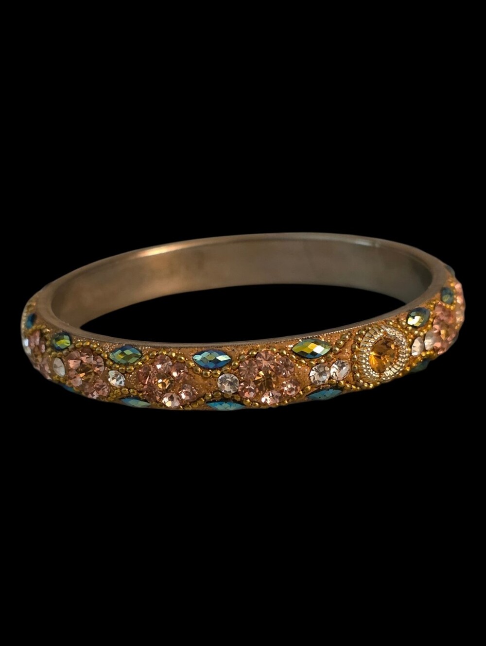 Vintage Encrusted Crystal Floral Bangle Bracelet Gold Tone 7.75”